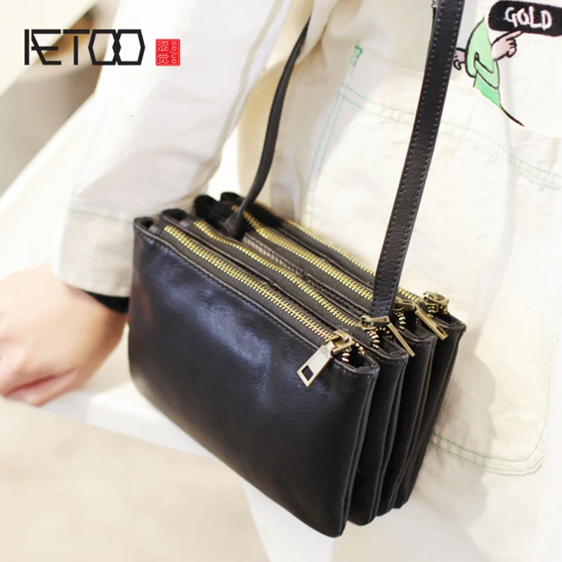 

AETOO Black soft leather small square bag, multi-layer zipper shoulder small bag, cowhide simple retro large capacity female bag
