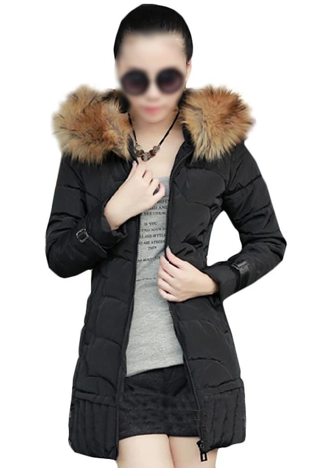 

2017 NEW Womens Down Jacket Long Coat Hooded Winter Fur Collar Warm Outerwear Black