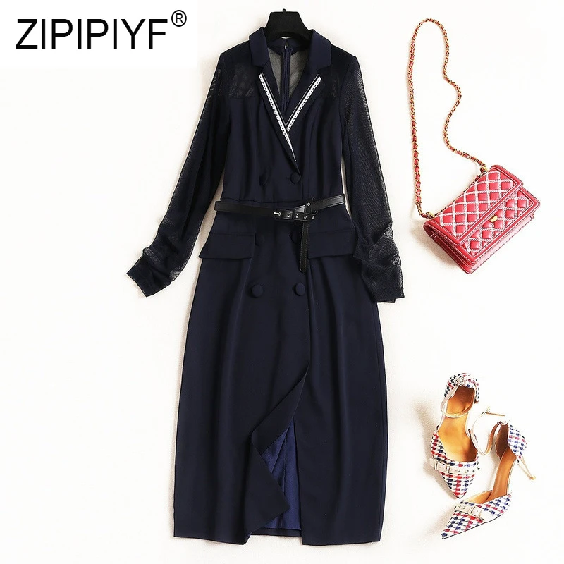 

High Quality Fashion Women Dresses Gauze Patchwork Long Sleeve Turn-down Neck Double-breasted Dresses Blue Office Dresses Z288