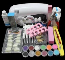Pro Nail Art UV Gel Kits Tools Pink UV lamp Brush Tips Glue Acrylic Powder Set BTT-89