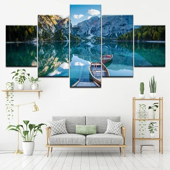 

Pictures Canvas Wall Art 5 Pieces Mountain Lake Ship And Blue Sky White Cloud Scenery Modular Painting Decor Room Frames Prints