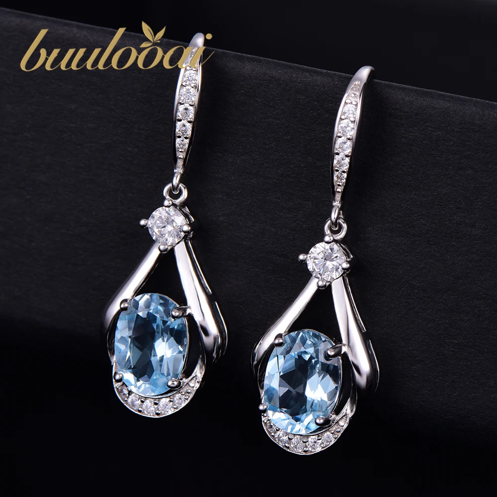 

buulooai Natural Sky Blue Topaz Wedding Anniversary Drop Earrings Genuine 100% Real 925 Sterling Silver Fine Jewelry For Women