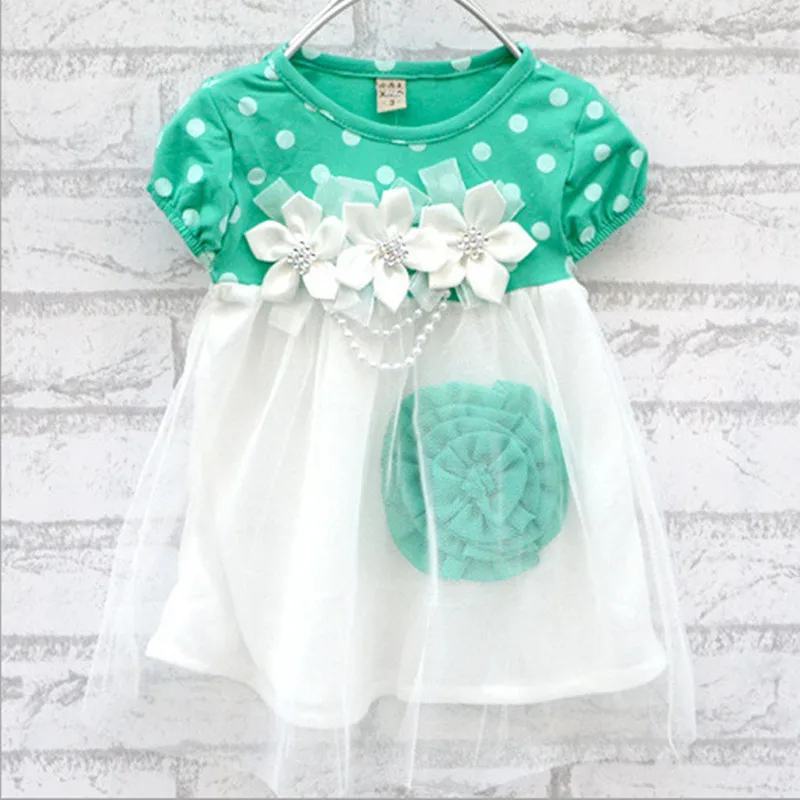 

2018 Baby Kids Dress Floral Dot Print Crew Neck Dress Summer Short Sleeve