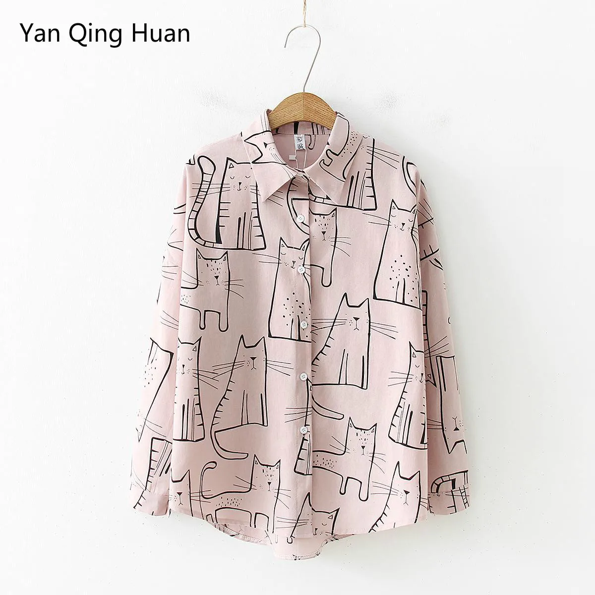 Yan Qing Huan/Новая летняя ретрорубашка в Корейском стиле с принтом кота и животных, свободная рубашка с длинными рукавами, хлопковые модные