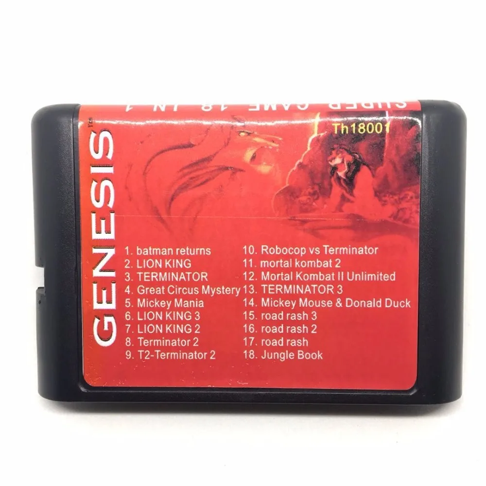 

MD 18 In 1 Game cartridge With Lion King 1/2/3, Mortal Kombat 2, Terminater 1/2,Road Rash 123 SEGA GENESIS MegaDrive 16 bit Game