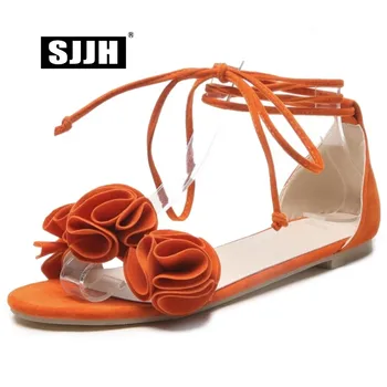

SJJH Woman Gladiator Lace-up Sandals with Flat Heels Flowers Cute Flock Footwear Casual Roman Sweet Shoes Large Size A612