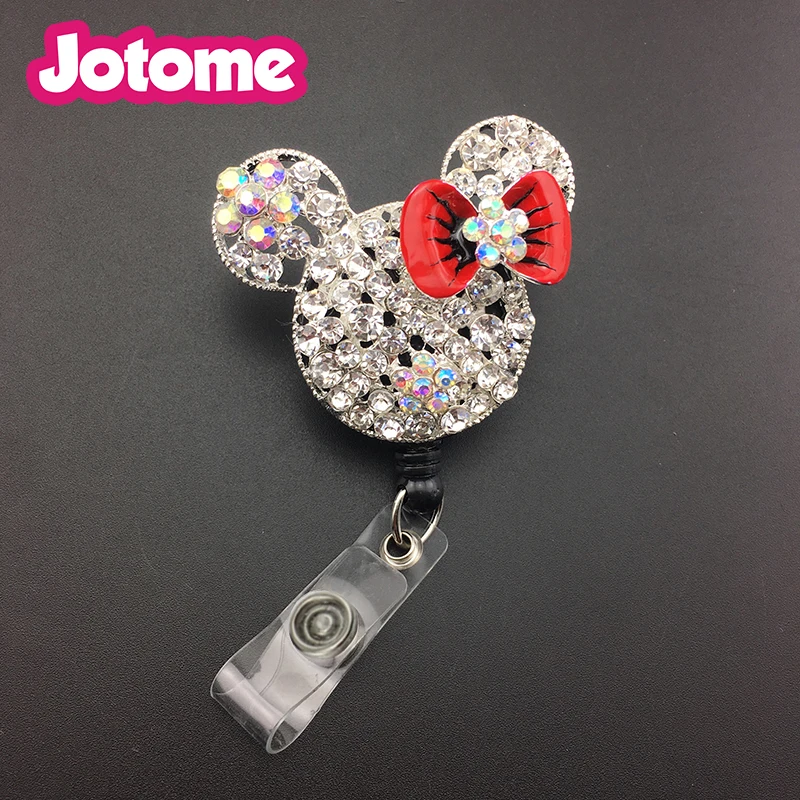 

50pcs/lot Mickey Head with bowknot Decorated Rhinestone Retractable Badge Reel/ ID Badge Holder