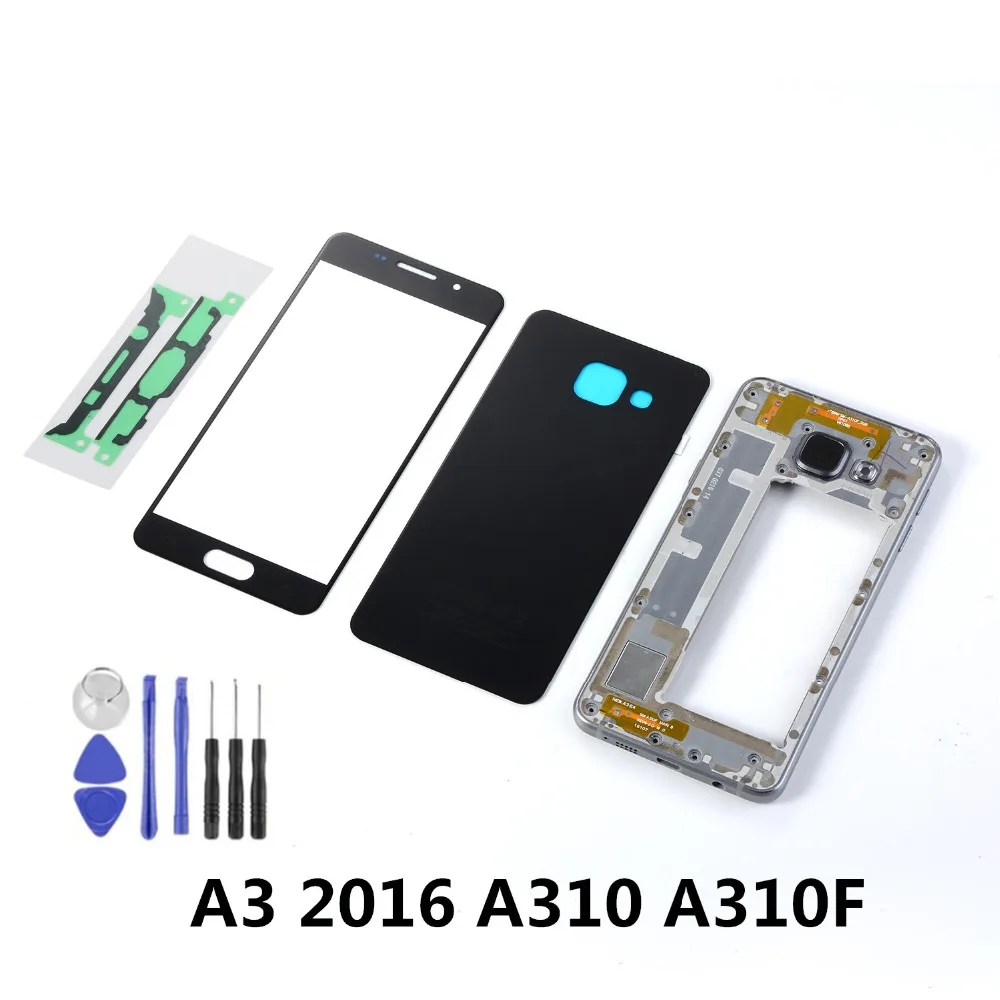 Goedkoop Voor Samsung A3 2016 A310 A310F LCD Front Touch Screen Sensor + Behuizing Metaal Midden Frame + Back Glas Batterij cover + Gereedschap