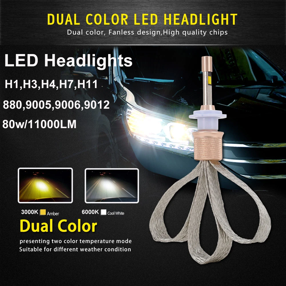 

2pcs Auto Led Light Dual Color 3000k 6000k 880/9005/9006/9012/H1/H3/H4/H7/H11 Car Driving Fog Lights 80w 11000lm Headlight Bulbs