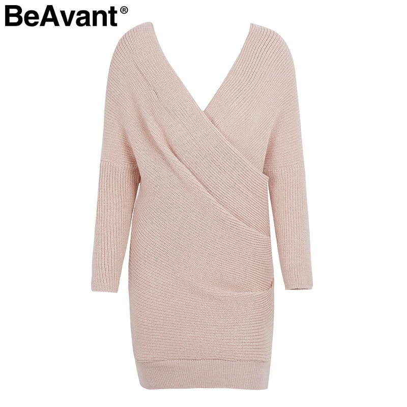 BeAvant, вязанное зимнее платье-свитер с v-образным вырезом, женское платье большого размера, свободное вязаное платье для женщин, осень, короткое платье на каждый день, женское платье - Цвет: Nude