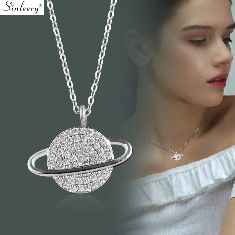 

SINLEERY Personality Design Planet Pendant Necklace Rose Gold Silver Color Zircon Inlay Women Fashion Jewelry XL625 SSB