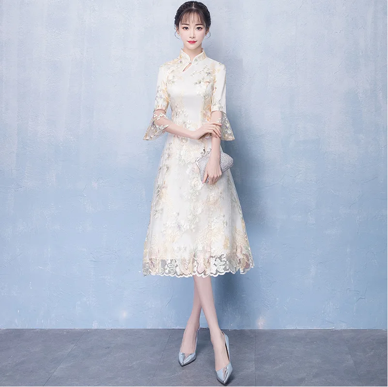 Пикантные бежевые китайский свадебное платье Qipao Мини Cheongsam модные короткие Qi Pao традиционные для женщин вечернее платье, китайское невесты
