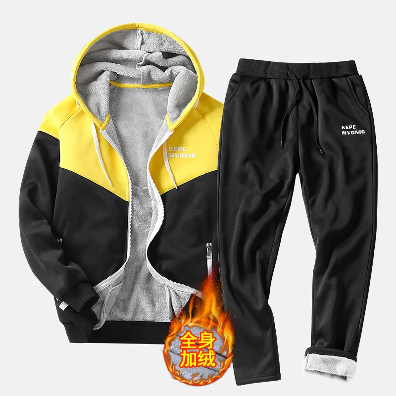 Autumn Tracksuit Men Warm Fleece Hooded Sweatshirts Winter Thick Hoodies Man Fashion Inner Fleece 2PC Pant Male chandal hombre