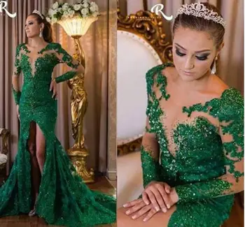 

Vestido Mae Da Noiva Scoop Neck Long Sleeves Side Slit Mermaid Evening Gown Lace Applique Crystal Green Wedding Party Dress
