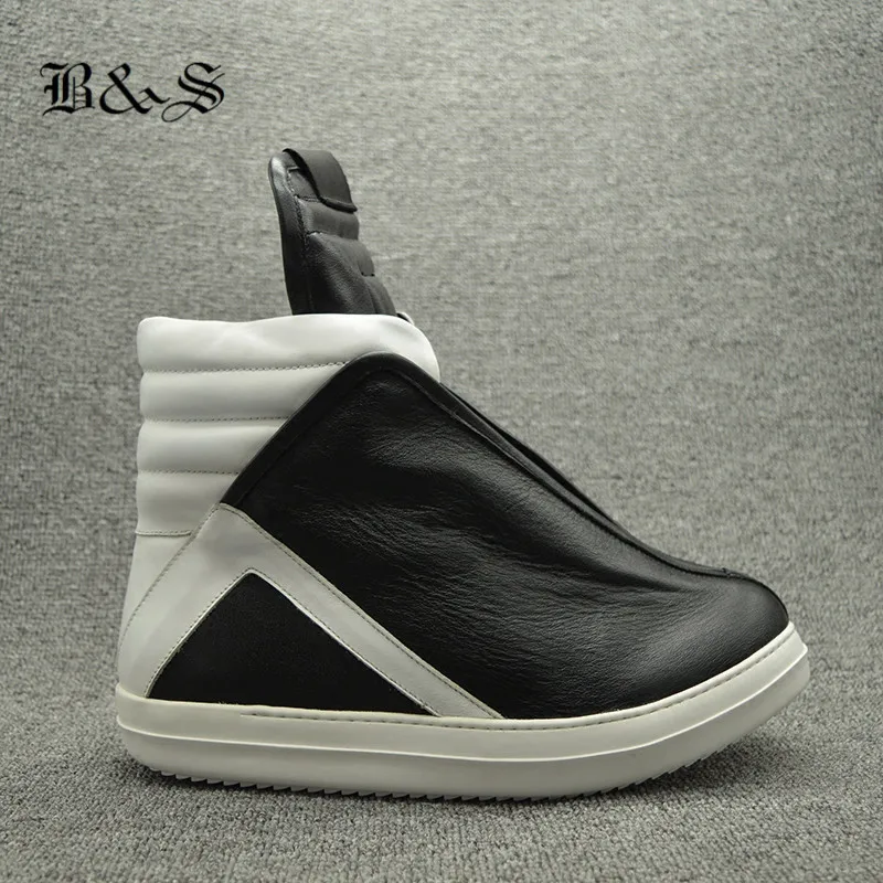 Black& Street Men Hip Hop Genuine Leather Ankle Boots Luxury Trainers Personalized Blast Fashion High Top Rock Boots Big Size