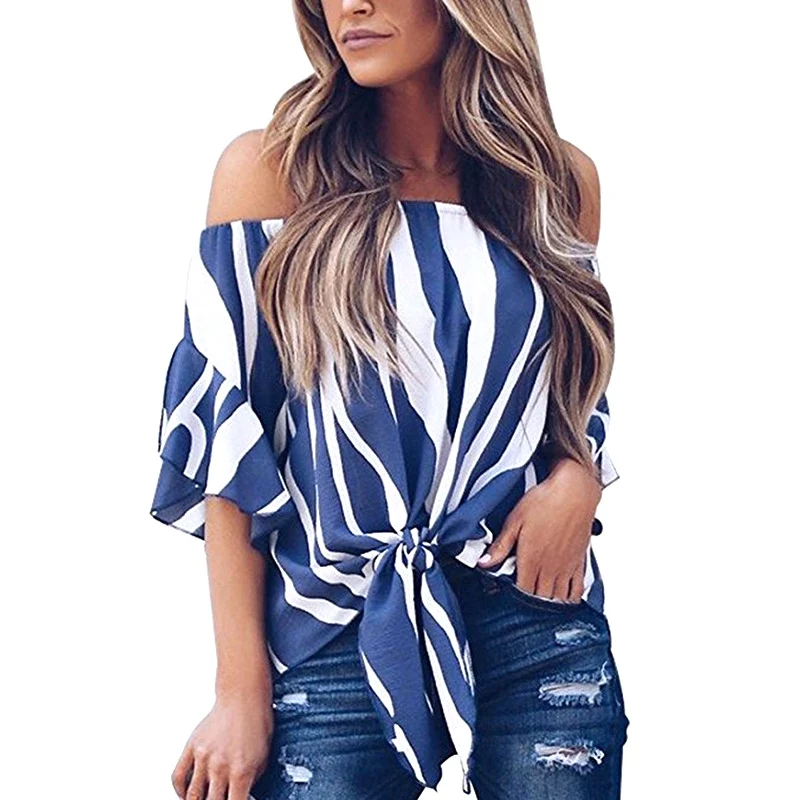 

New Women Sexy Shirts Zebra Striped Print Off-The-Shoulder One Shoulder Collar Mid Sleeved Chiffon Shirt Tops