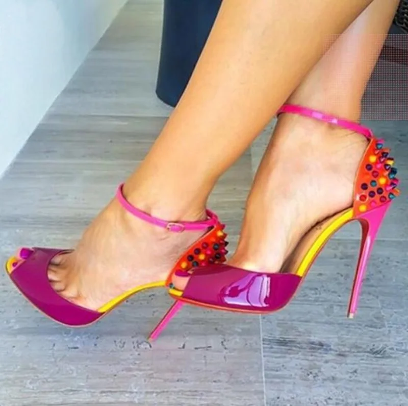 

Mixed Colors Block Spike Rivet Heel Pumps Woman Sexy Open Toe Stiletto High Heeled Summer Pumps Ankle Strap Fuchsia Shoes 2019