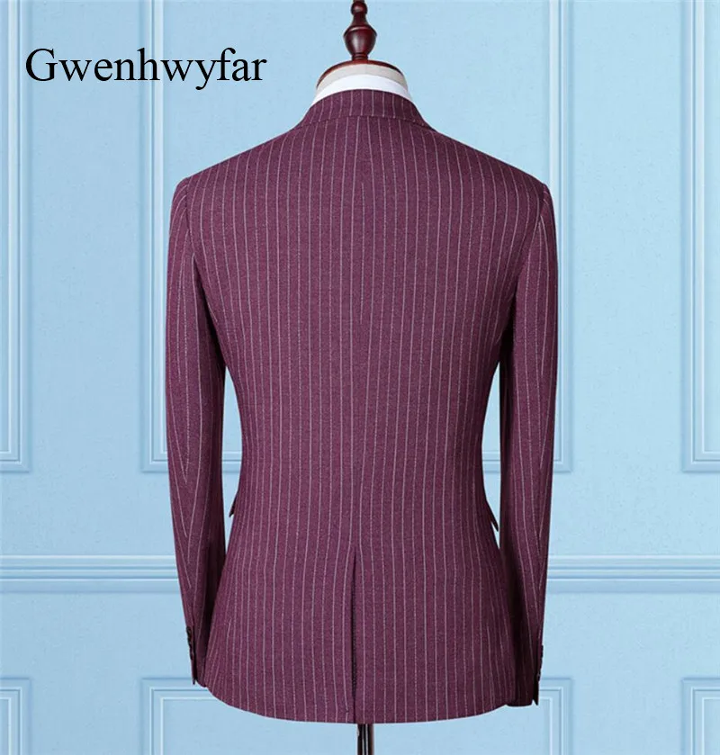 Gwenhwyfar мужской костюм в полоску Slim Fit Мужские свадебные костюмы смокинг темно-синий/красный/коричневый/фиолетовый мужские деловые костюмы из 3 предметов