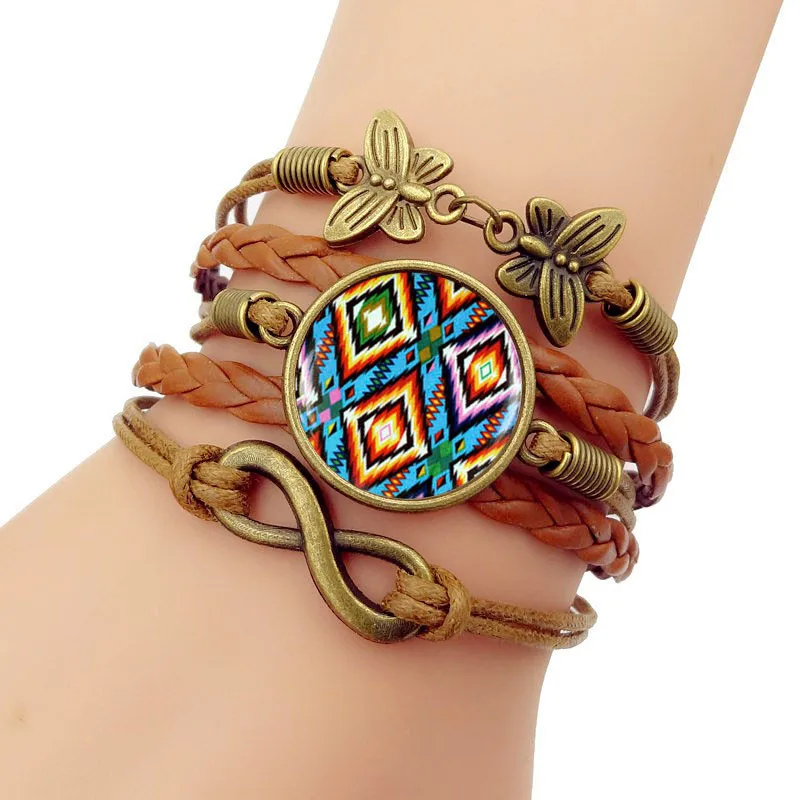 

Handmade Knitted Leather bracelet Colorful Native American Art Vintage Jewelry Multilayer Glass convex combinatio