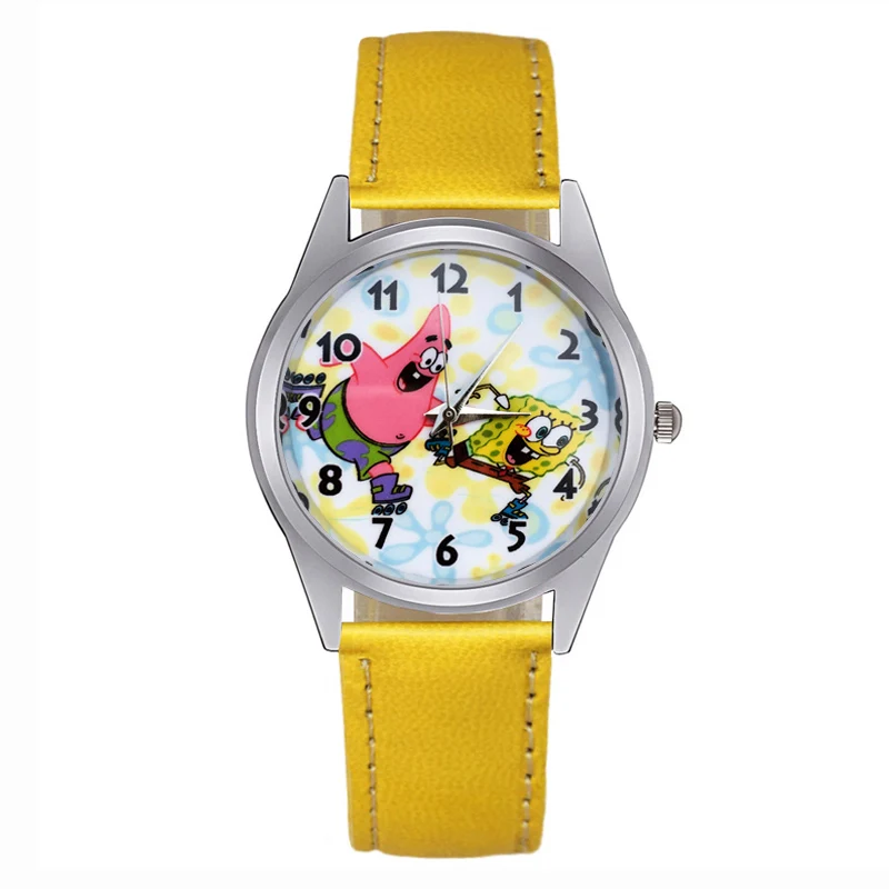 Милый мультфильм Губка Боб Стиль Детские часы женщин студентов девочек мальчиков кварцевые Кожаный ремешок наручные часы JC87