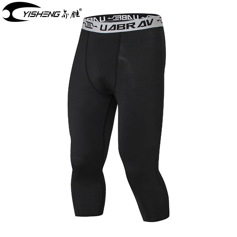 YISEHNG Gym 3/4 Леггинсы Новое компрессионное Спортивное трико спортивные штаны для мужчин спортивные брюки для бега быстросохнущие спортивные штаны для фитнеса - Цвет: Black