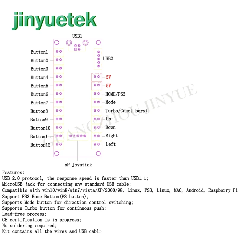 Jinyuetek DIY Аркада рокер печатная плата Нулевая задержка игровой USB энкодер ПК для джойстика панель управления для MAME 2pin + Push Butto