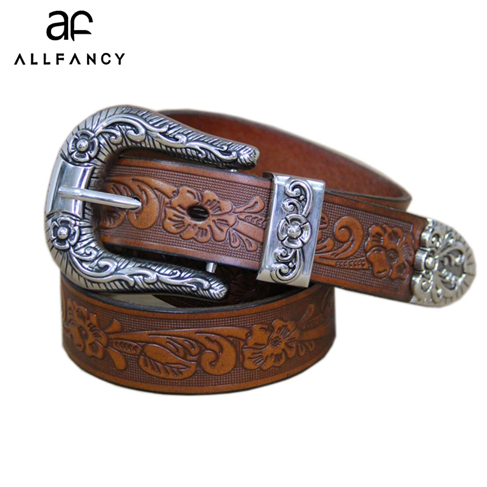 

Woman's leather belt genuine pin buckle strap buckle cowhide trousers belt Vintage emboss flower belt Handmade cowboy belt's