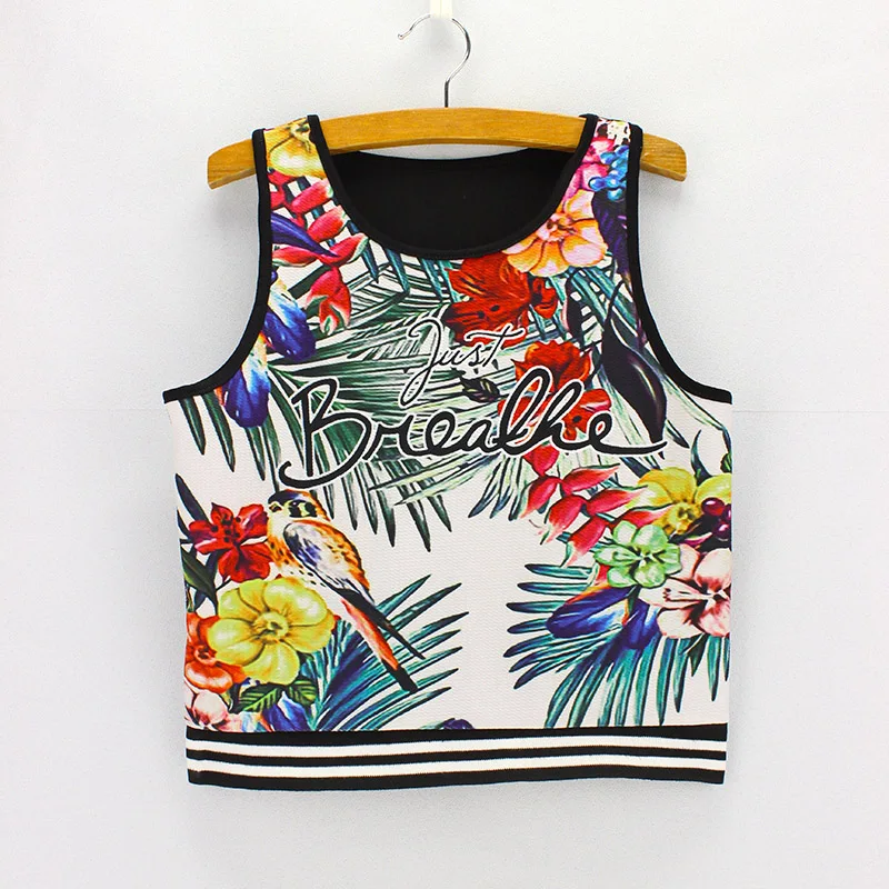 

Fashion letter flower & bird print summer tank tops women 2016 voguedesign dresses girls cropped tanks low price drop shipping