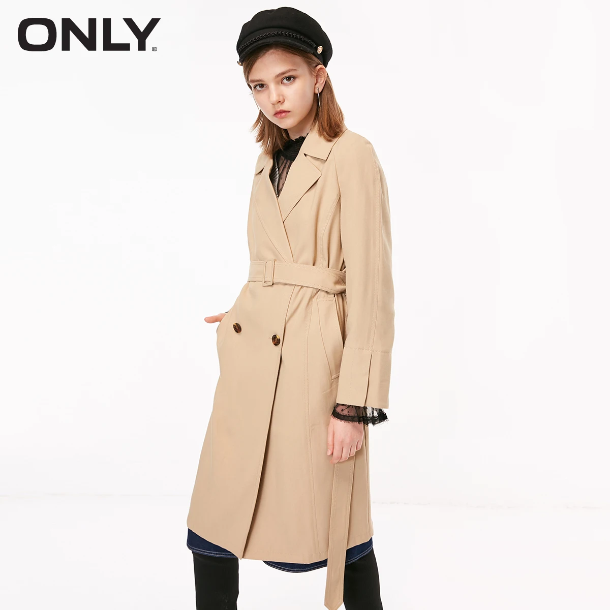 

ONLY Spring Summer New Women's Khaki Double-breasted Long Wind Coat |118336578