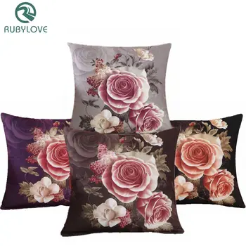 

RUBYLOVE Cotton Cloth Retro Classic Peony Flower Printed Cushion Cover Throw Pillow Case For Living Room Bed Room