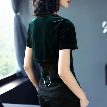 

2020 Summer Women's High Street Fashion O Neck Short Sleeve Lace Patchwork Faux 2 Piece Set T Shirt Tops Ladies Personality Tees