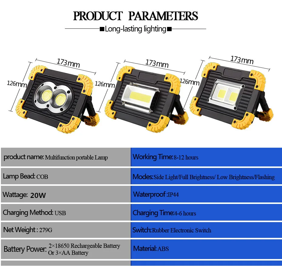 20W Portable LED Flashlight COB Work Light Floodlight Searchlight Waterproof USB Rechargeable For outdoor lighting A1