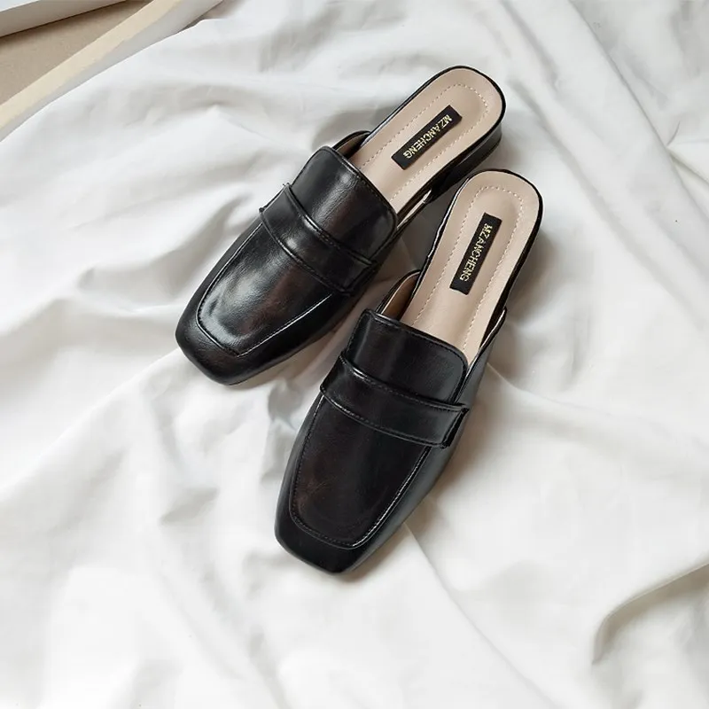 EOEODOIT/женские кожаные шлепанцы на низком каблуке в стиле ретро; туфли-лодочки на массивном каблуке с квадратным носком; босоножки; сезон лето-осень; обувь на каблуке