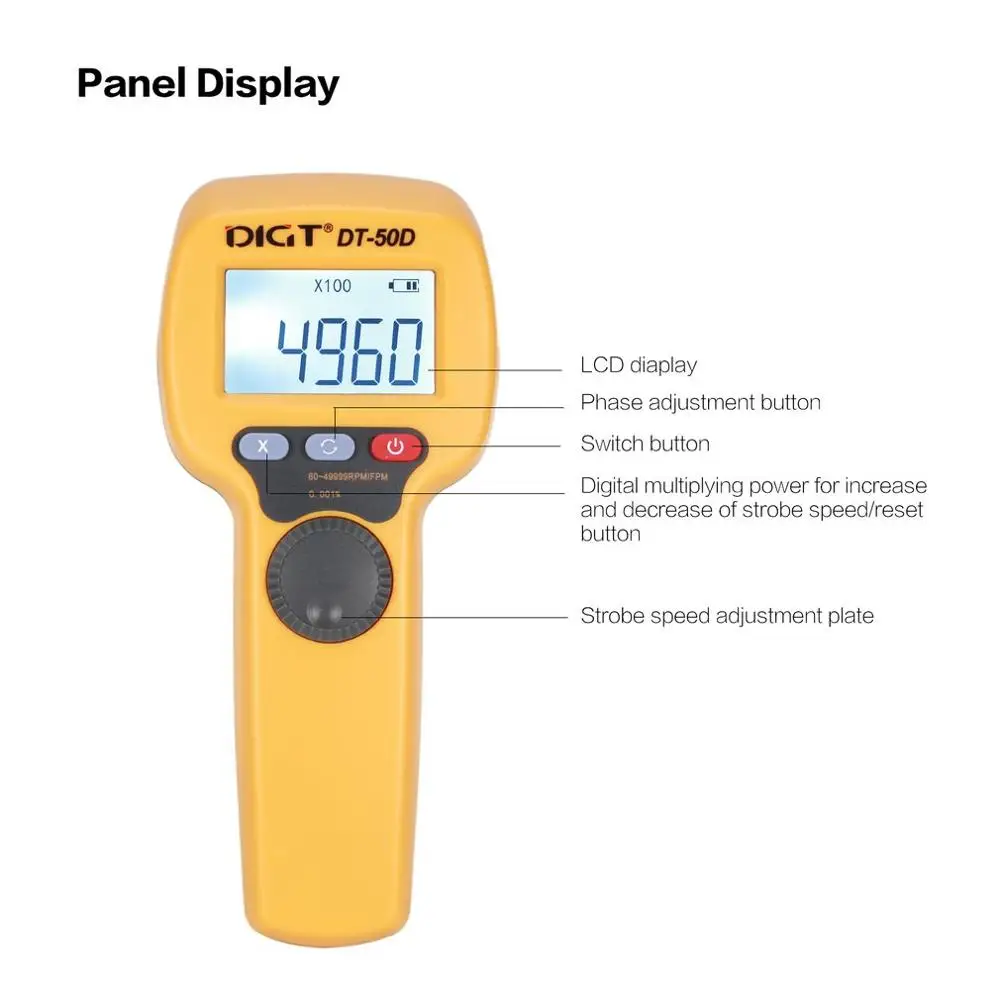 

DIGT DT-50D 7.4V 1100mAh 60-49999 Strobes/min 750LUX Handhold LED Stroboscope Rotational Speed Measurement Flash Velocimeter