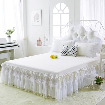

New 100% cotton bed skirts white embroidey lace bedspread bed sheet for wedding twin full queen king size princess bed cover