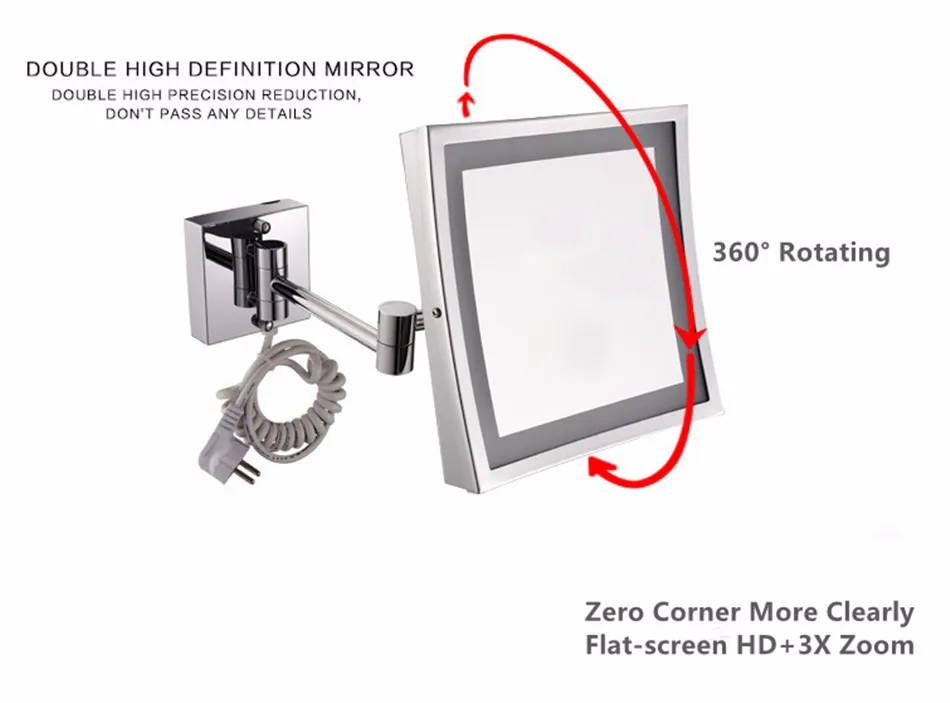 Quare 8,5 дюйма светодиодный настенное крепление светильника расширение складное косметическое зеркало 3X увеличительный, светодиодный бритья хромированный золото зеркало