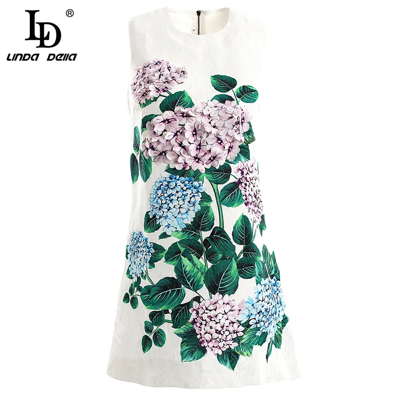 

LD LINDA DELLA Spring Summer Fashion Vintage Dress Women's Sleeveless Sequined Appliques Floral Printed Elegant Vacation Dress