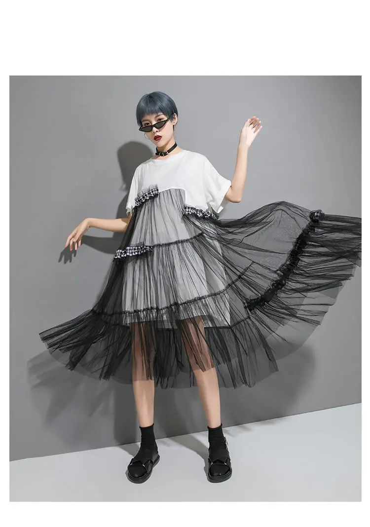 XITAO Street сетки с несимметричным подолом миди платье пуловер с коротким рукавом женская одежда свободного покроя с со складками больших размеров платье ZQ2233