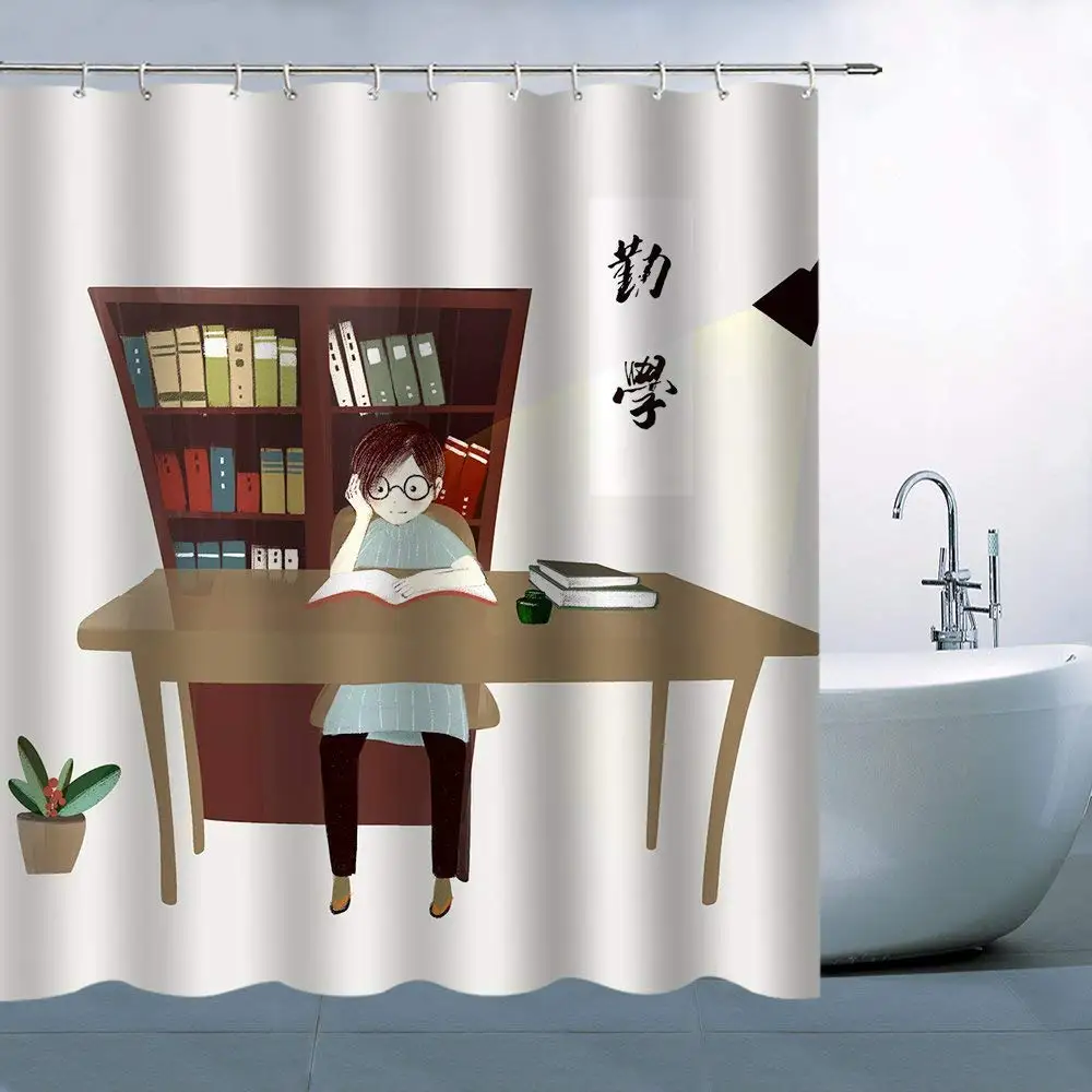 

Character Pattern Theme Shower Curtain Bookcase Filled With Books Table Girl Working Hard Waterproof 2018 New Curtain