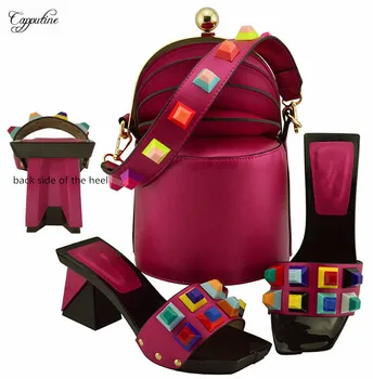 

Luxury fuchsia stange heel shoes with evening handbag set nice slip-on pumps and bag MD011, heel height 8cm