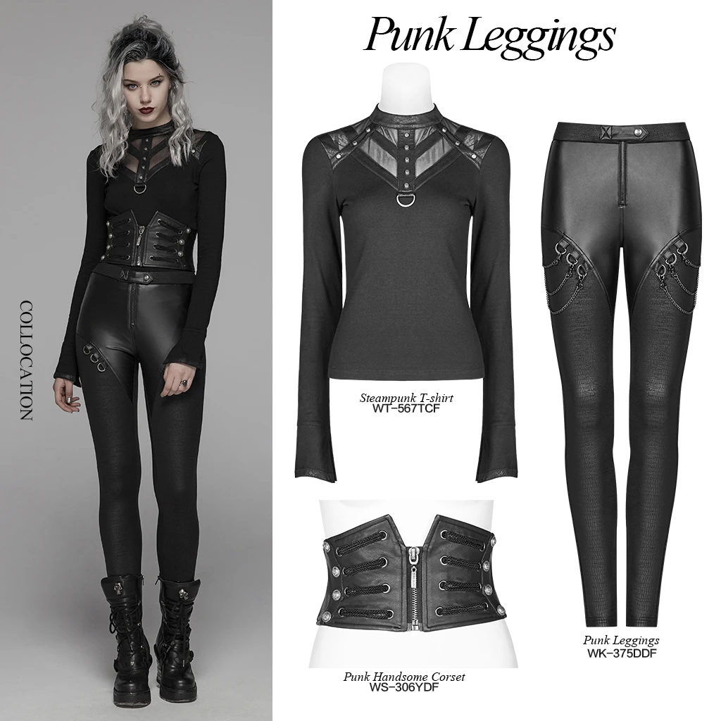 Abbigliamento Alternativo Punk Rave Leggings Gotici Punk Rave Donna - Nero Con Dettagli Rossi, Finta Pelle E Pizzo, Stile Steampunk Pantaloni Gothic Steampunk Nero Rosso - Foto 3