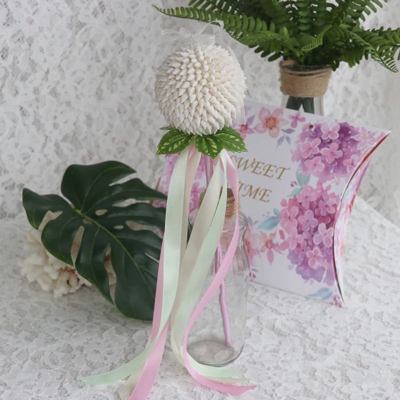 

Free Shipping(2pcs/lot)Shell Flower Ball Ribbon Wands Natural Shell Beach Wedding Decor Handmade Craft Wedding Wands Party Favor