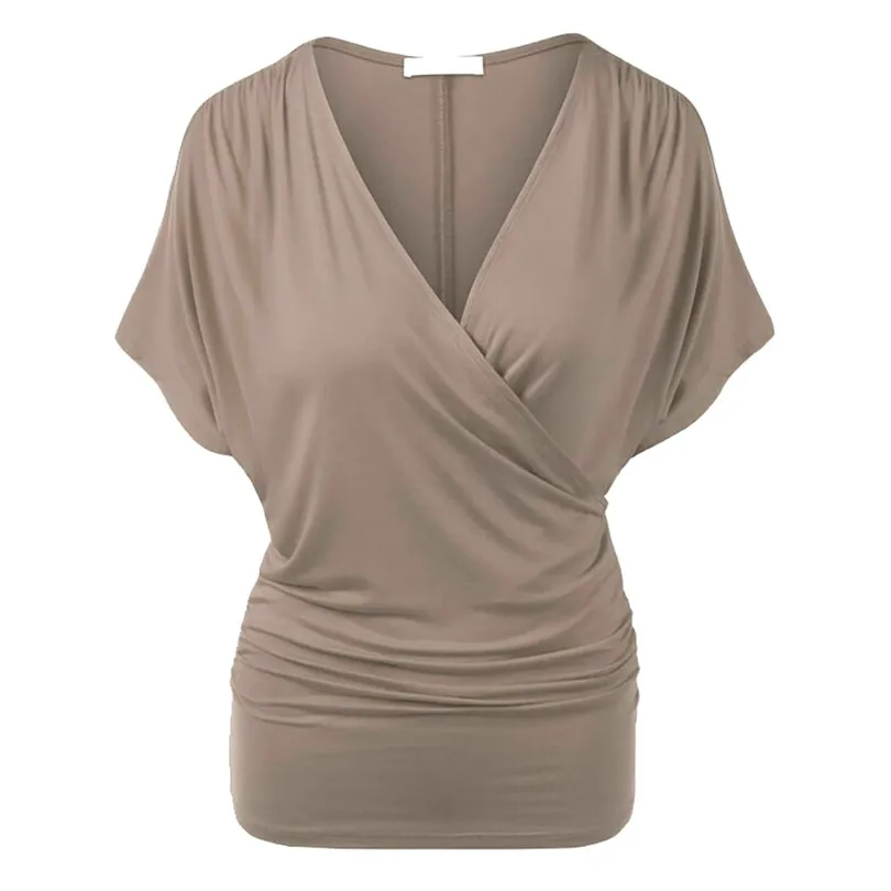 

KWAN_Women Plus Size Simple solid color Deep V-Neck cross Short Sleeve Ruched Top Bat sleeve Slim fit female T-shirt top tees #