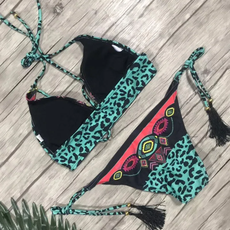 

Women Tops with Pants Bikini Suit Print Fast Dry High Elastic Backless Swimsuit for Summer BB55