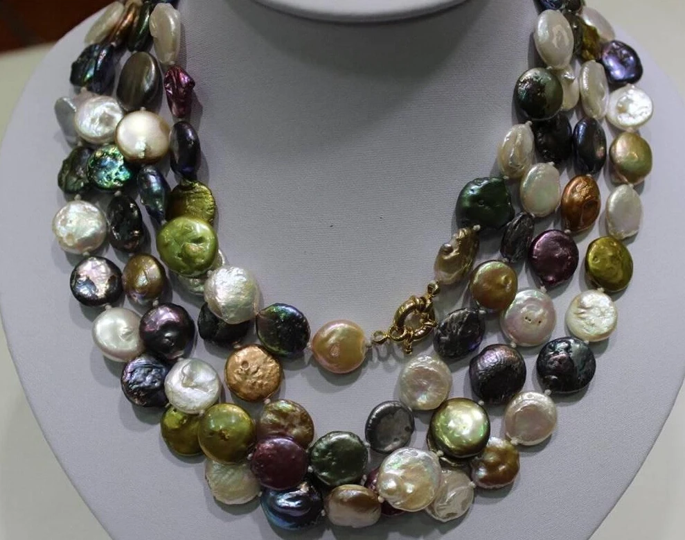 

bjc 0002120 Long multi-color freshwater pearls necklace Coin 13-14mm 70INCH Alloy "handmade