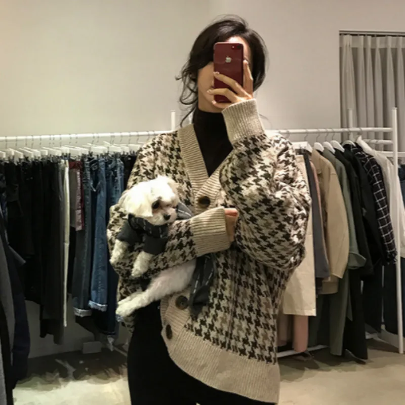 

Women Winter Sweater Coat with Buttons Knitted Plaid Cardigans Tops V-neck Plus Size Thick Pull Femme Hiver Sueter Mujer
