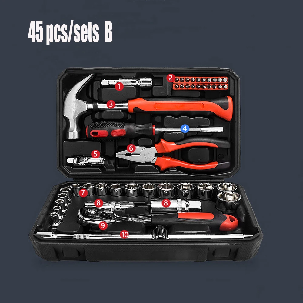 

45 pcs/sets Motorcycle Car Repair Tool Set of Wrenches Ratchet Socket Universal Joint Hardware Tool Kit