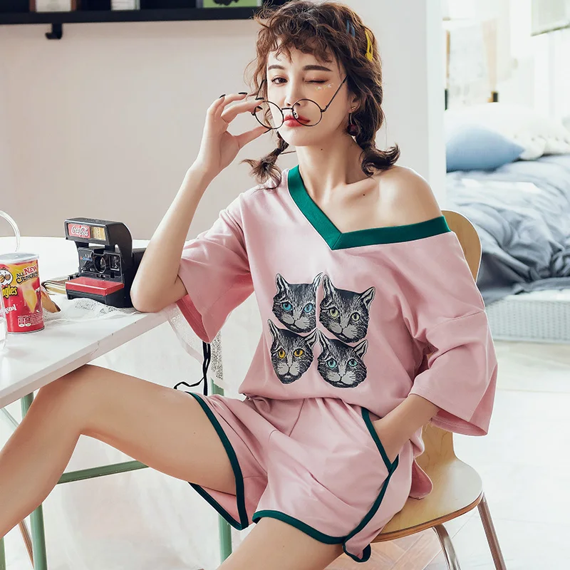 Пижамный комплект, летняя пижама из хлопка, женская рубашка с короткими рукавами с милым животным котом, домашний сервис, большие размеры M, L, XL, XXL, XXXL