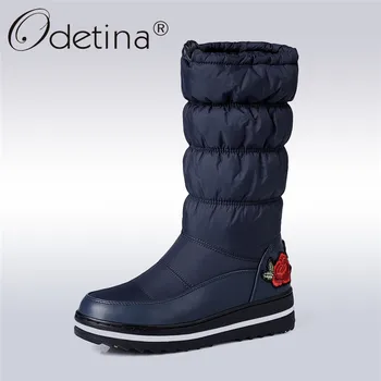 

Odetina Fashion Platform Snow Boots Women Round Toe Mid Calf Floral Boots Flat Thick Sole Fur Winter Warm Shoes Big Size 44
