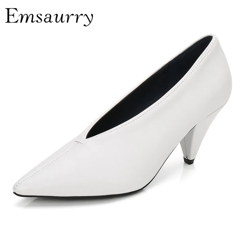

Concise Glove Shoes Sexy Point Toe Individual Spike Heel Black White Brown Leather V-cut out Shallow Women Pumps